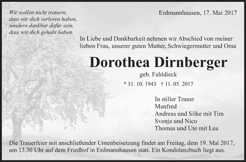  Traueranzeige für Dorothea Dirnberger vom 17.05.2017 aus Marbacher Zeitung