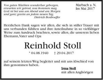 Traueranzeige von Reinhold Stoll von Marbacher Zeitung