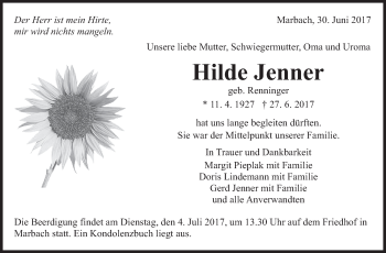 Traueranzeige von Hilde Jenner von Marbacher Zeitung