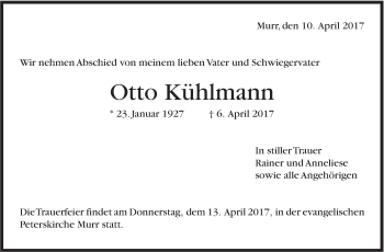 Traueranzeige von Otto Kühlmann von Marbacher Zeitung
