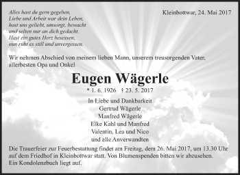 Traueranzeige von Eugen Wägerle von Marbacher Zeitung