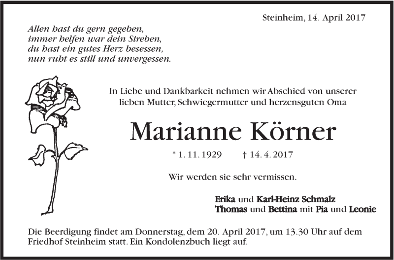  Traueranzeige für Marianne Körner vom 19.04.2017 aus Marbacher Zeitung
