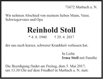 Traueranzeige von Reinhold Stoll von Marbacher Zeitung