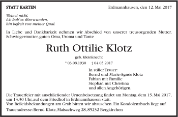 Traueranzeige von Ruth Ottilie Klotz von Marbacher Zeitung