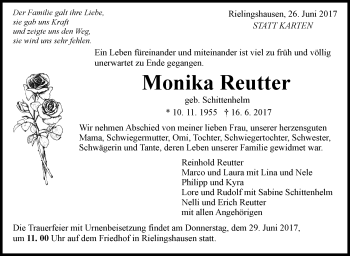 Traueranzeige von Monika Reutter von Marbacher Zeitung
