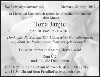 Traueranzeige von Tona Janjic von Marbacher Zeitung