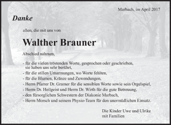 Traueranzeige von Walther Brauner von Marbacher Zeitung