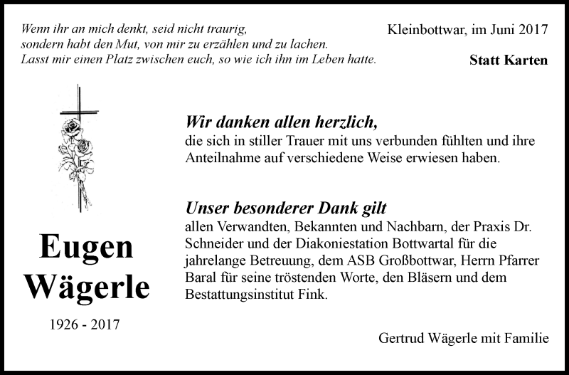  Traueranzeige für Eugen Wägerle vom 08.06.2017 aus Marbacher Zeitung