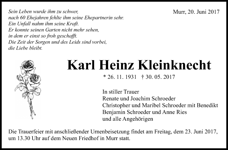  Traueranzeige für Karl Heinz Kleinknecht vom 20.06.2017 aus Marbacher Zeitung