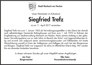 Traueranzeige von Siegfried Trefz von Marbacher Zeitung