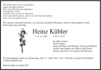 Traueranzeige von Heinz Kübler von Marbacher Zeitung