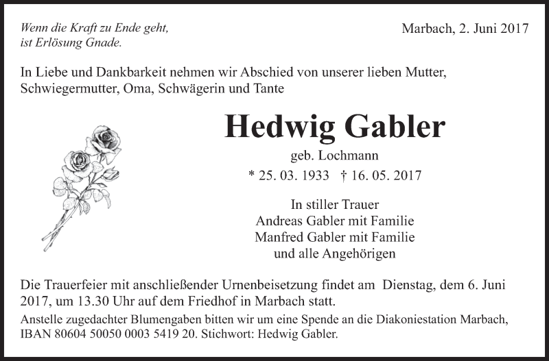  Traueranzeige für Hedwig Gabler vom 02.06.2017 aus Marbacher Zeitung