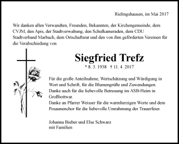 Traueranzeige von Siegfried Trefz von Marbacher Zeitung