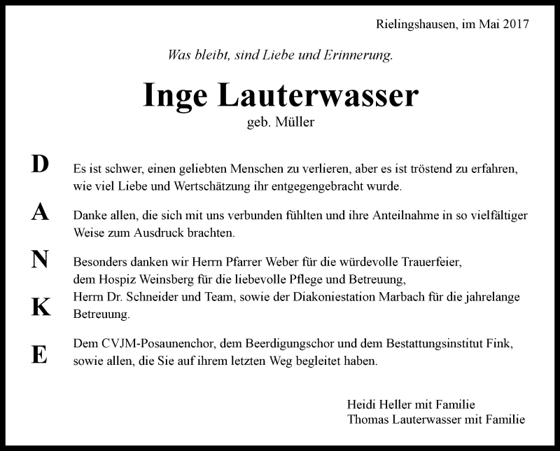  Traueranzeige für Inge Lauterwasser vom 05.05.2017 aus Marbacher Zeitung