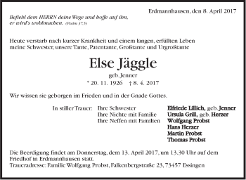 Traueranzeige von Else Jäggle von Marbacher Zeitung