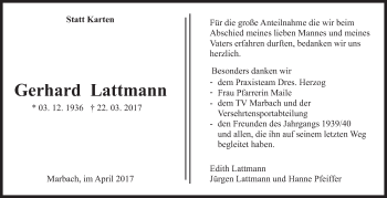 Traueranzeige von Gerhard Lattmann von Marbacher Zeitung