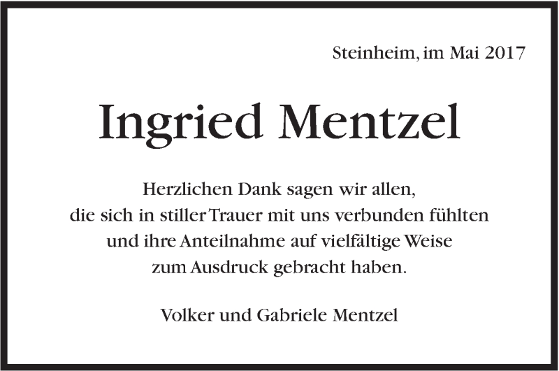  Traueranzeige für Ingried Mentzel vom 06.05.2017 aus Marbacher Zeitung