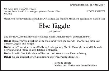 Traueranzeige von Else Jäggle von Marbacher Zeitung