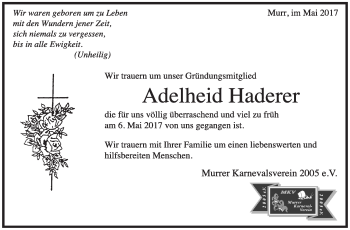 Traueranzeige von Adelheid Haderer von Marbacher Zeitung