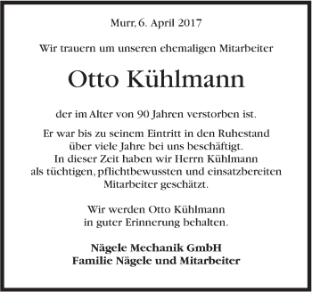 Traueranzeige von Otto Kühlmann von Marbacher Zeitung