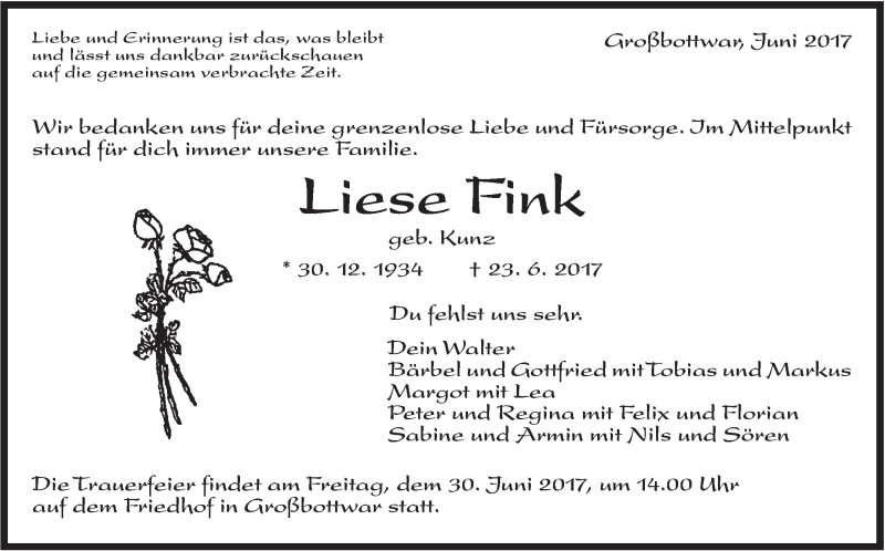  Traueranzeige für Liese Fink vom 27.06.2017 aus Marbacher Zeitung