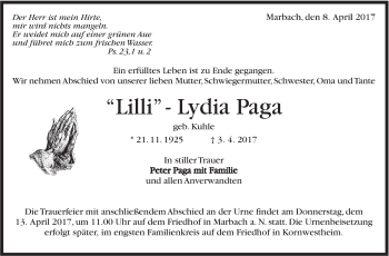 Traueranzeige von Lydia Paga von Marbacher Zeitung
