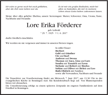 Traueranzeige von Lore Erika Förderer von Marbacher Zeitung