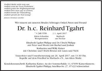 Traueranzeige von Reinhard Tghart von Marbacher Zeitung