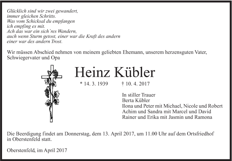  Traueranzeige für Heinz Kübler vom 11.04.2017 aus Marbacher Zeitung