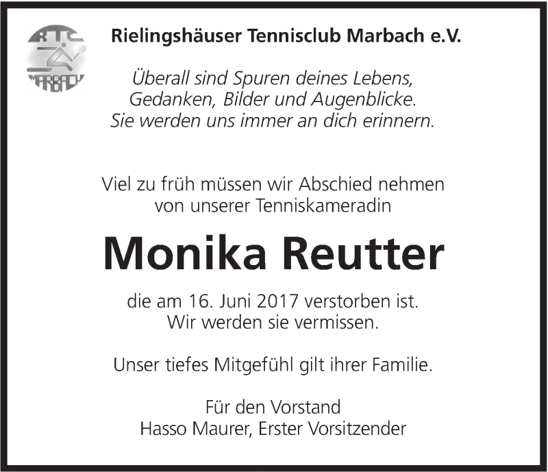  Traueranzeige für Monika Reutter vom 26.06.2017 aus Marbacher Zeitung