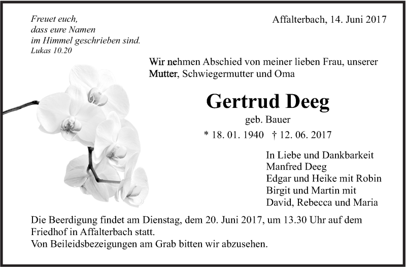  Traueranzeige für Gertrud Deeg vom 14.06.2017 aus Marbacher Zeitung