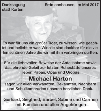 Traueranzeige von Michael Harton von Marbacher Zeitung