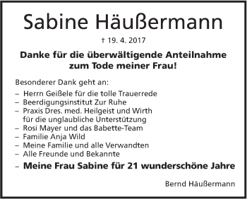 Traueranzeige von Sabine Häußermann von Marbacher Zeitung