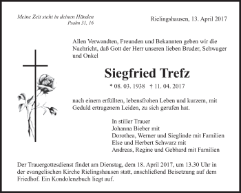 Traueranzeige von Siegfried Trefz von Marbacher Zeitung