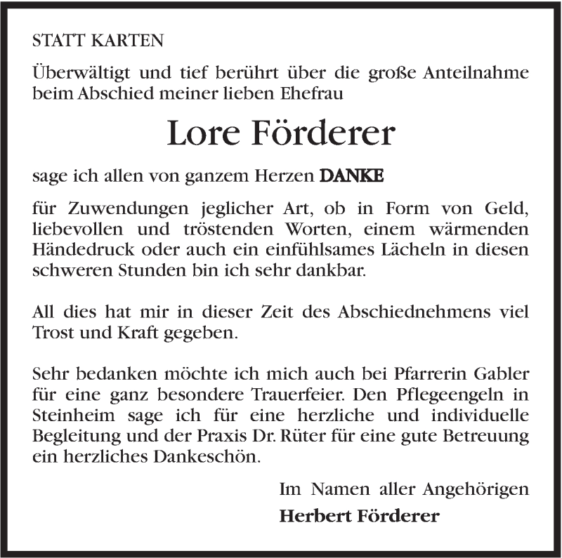  Traueranzeige für Lore Förderer vom 10.06.2017 aus Marbacher Zeitung