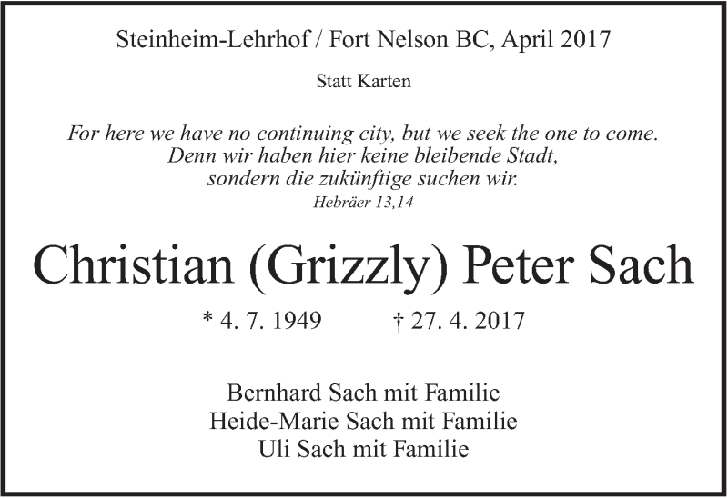  Traueranzeige für Christian Peter Sach vom 06.05.2017 aus Marbacher Zeitung