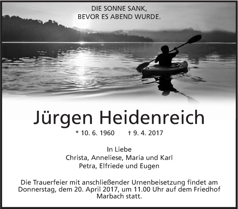 Traueranzeige für Jürgen Heidenreich vom 15.04.2017 aus Marbacher Zeitung