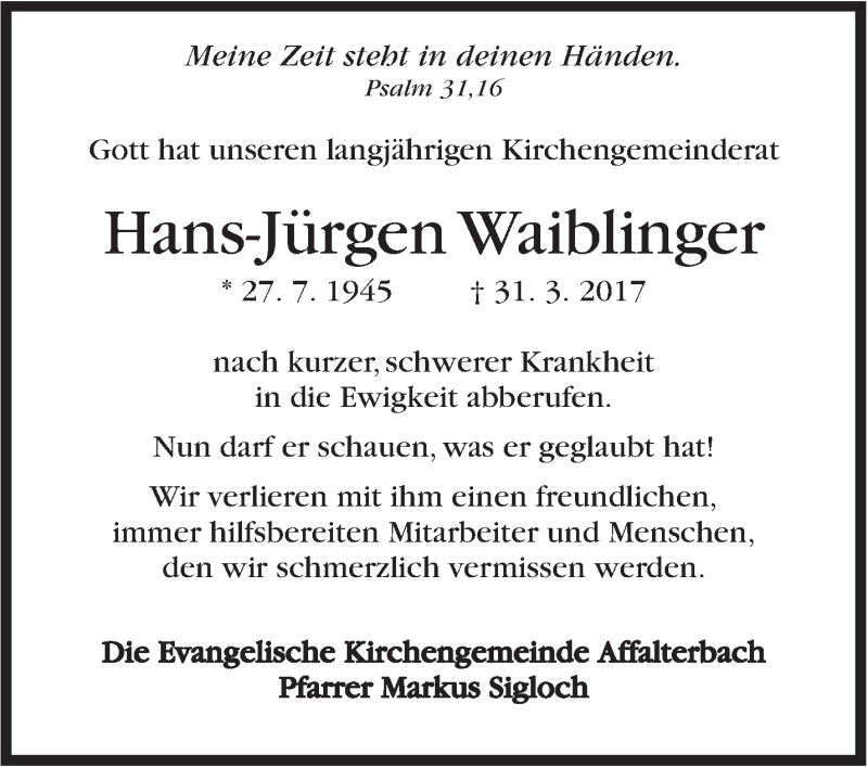  Traueranzeige für Hans-Jürgen Waiblinger vom 06.04.2017 aus Marbacher Zeitung