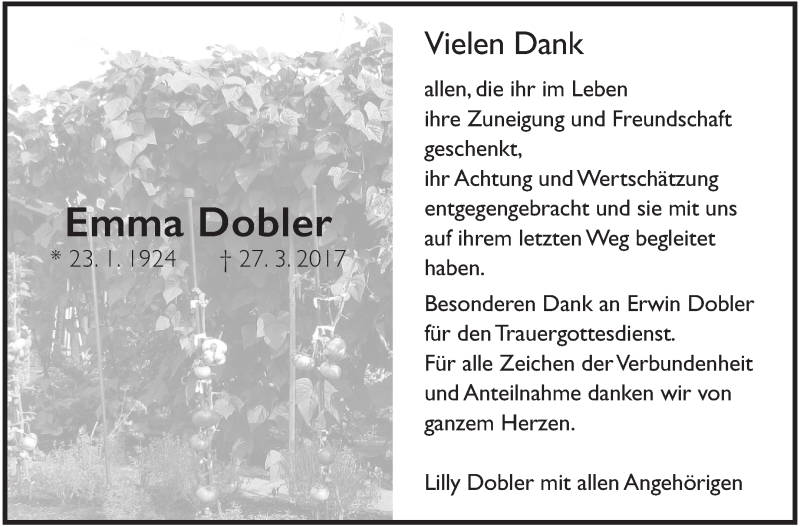 Traueranzeige für Emma Dobler vom 10.05.2017 aus Marbacher Zeitung