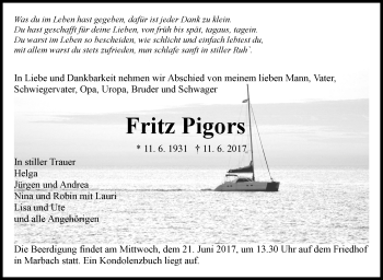 Traueranzeige von Fritz Pigors von Marbacher Zeitung