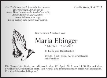 Traueranzeige von Maria Ebinger von Marbacher Zeitung