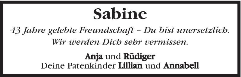  Traueranzeige für Sabine  vom 26.04.2017 aus Marbacher Zeitung