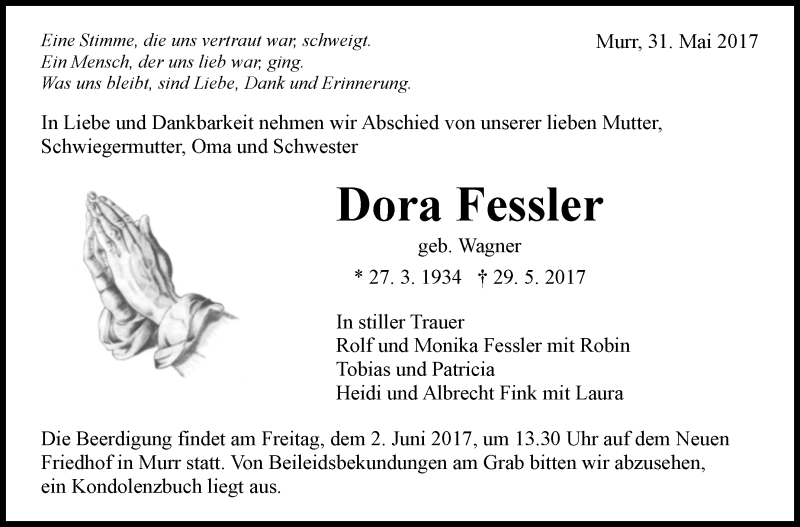 Traueranzeige für Dora Fessler vom 31.05.2017 aus Marbacher Zeitung