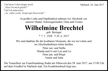 Traueranzeige von Wilhelmine Brechtel von Marbacher Zeitung