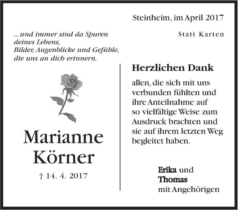  Traueranzeige für Marianne Körner vom 29.04.2017 aus Marbacher Zeitung