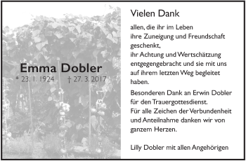 Traueranzeige von Emma Dobler von Marbacher Zeitung
