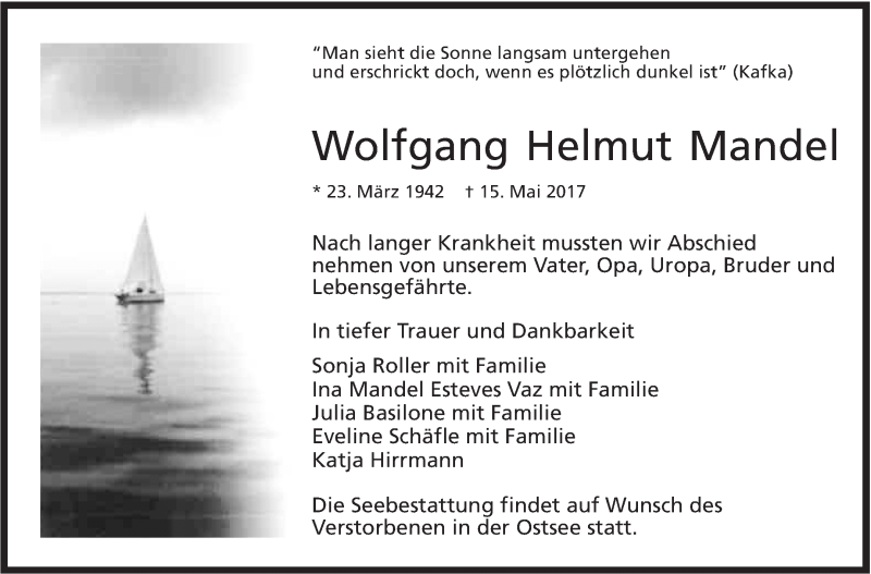  Traueranzeige für Wolfgang Mandel vom 24.05.2017 aus Marbacher Zeitung