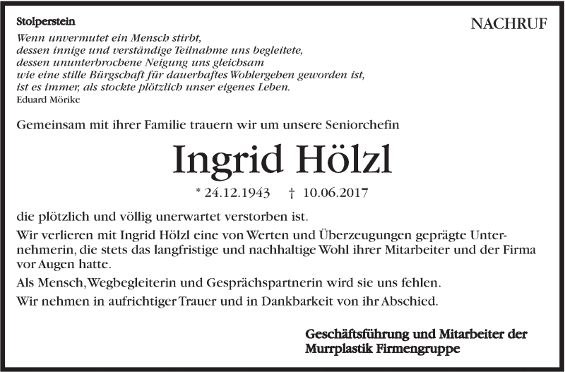  Traueranzeige für Ingrid Hölzl vom 14.06.2017 aus Marbacher Zeitung