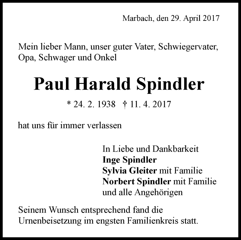  Traueranzeige für Paul Harald Spindler vom 29.04.2017 aus Marbacher Zeitung