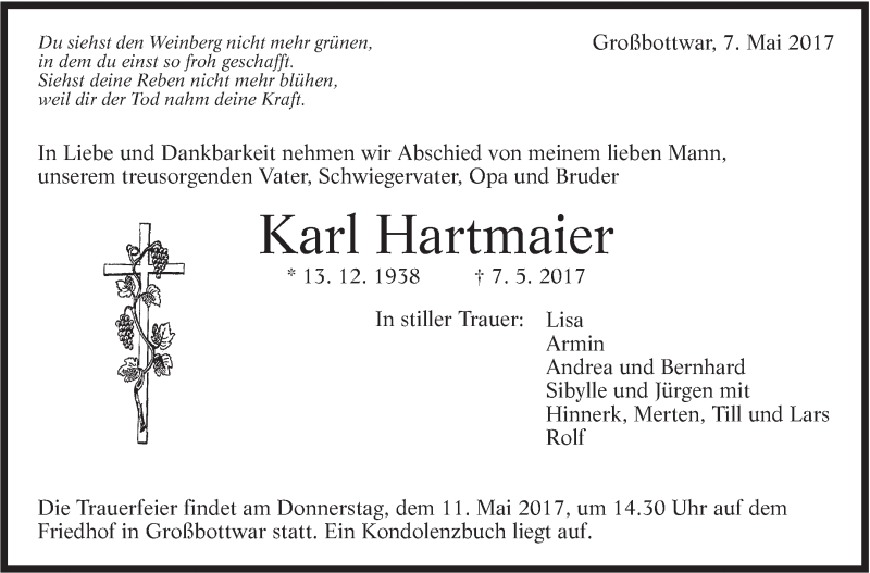  Traueranzeige für Karl Hartmaier vom 09.05.2017 aus Marbacher Zeitung